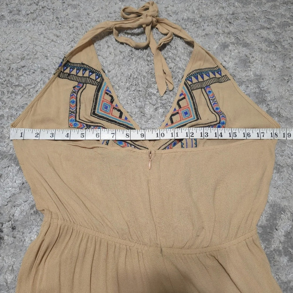 FLYING TOMATO Halter Neck Embroidered Khaki Wide Leg Jumpsuit, High Low Hem, L - Picture 11 of 16